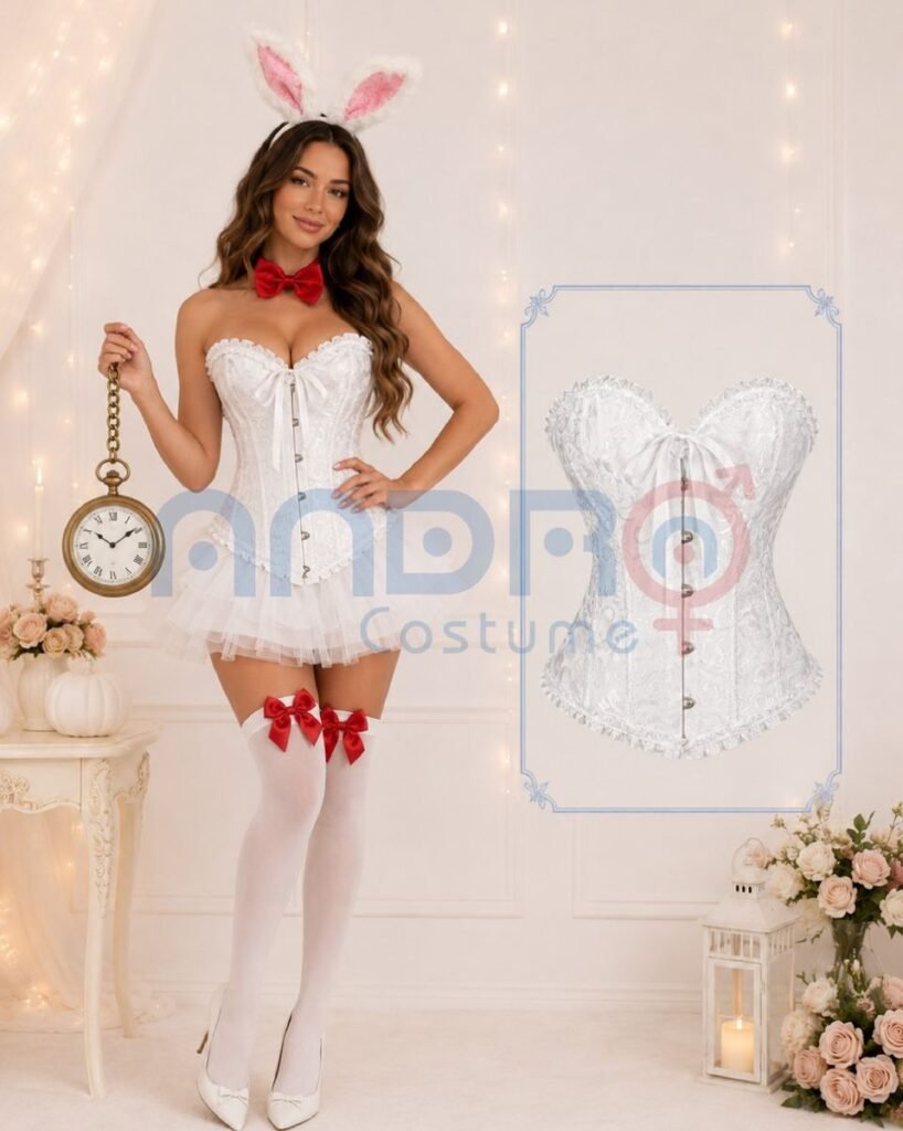 CONEJO DE ALICIA MUJER, CORSET BLANCO, TUTU BLANCO, OREJAS DE CONEJO, MOÑO ROJO, MEDIAS BLANCAS
