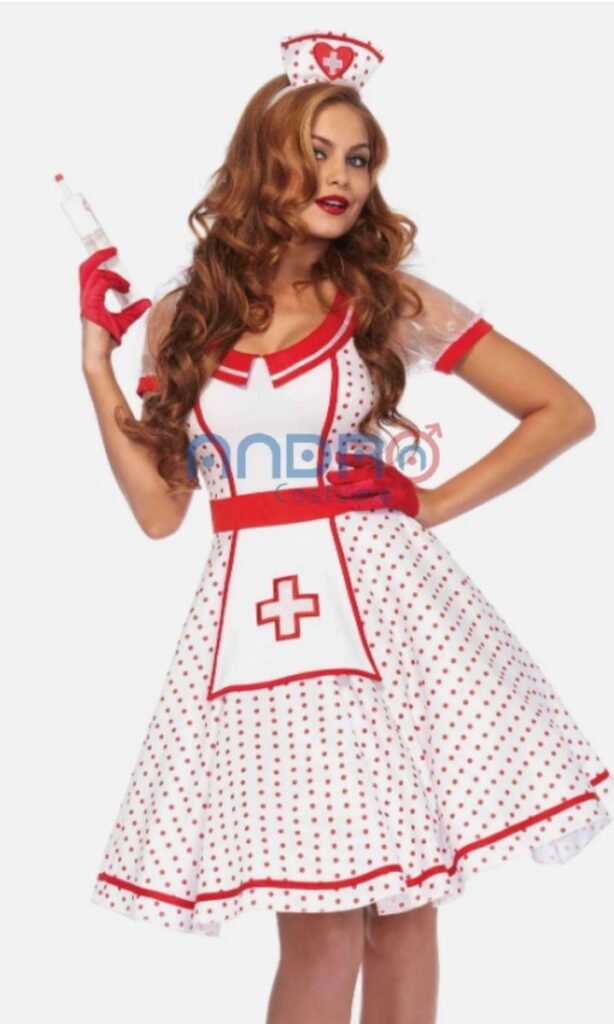 DISFRAZ AMERICANO MUJER ENFERMERA VESTIDO CON LUNARES ROJOS
