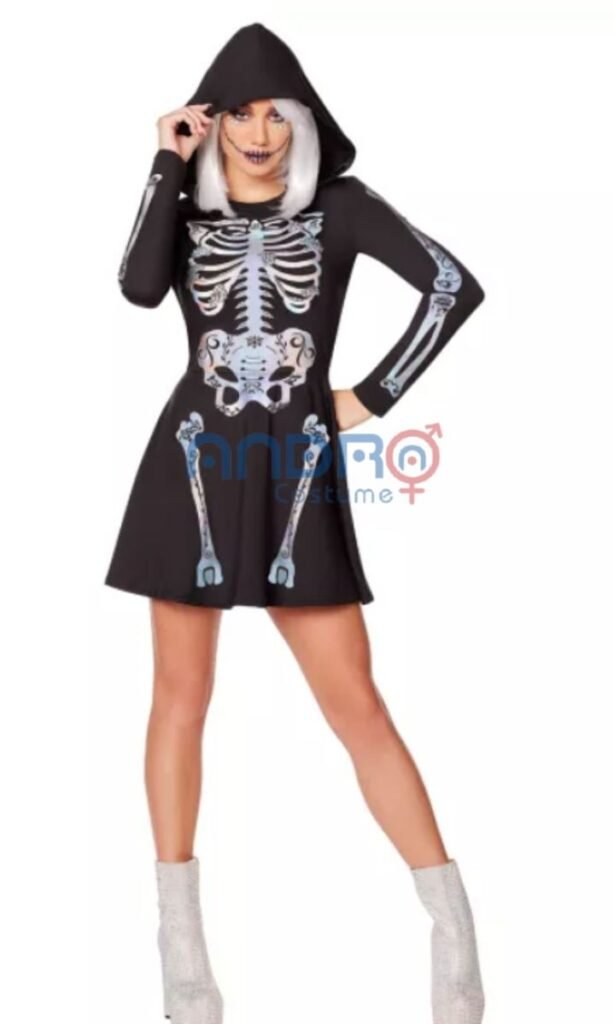 DISFRAZ AMERICANO MUJER ESUELETO VESTIDO CON CAPOTA
