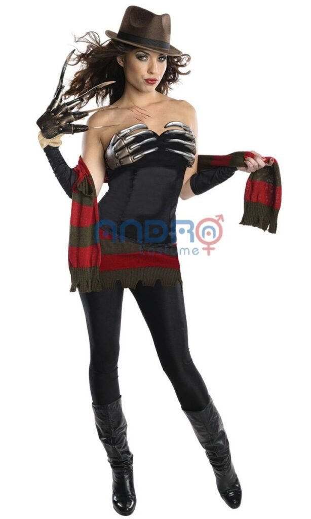 DISFRAZ AMERICANO MUJER FREDDY KRUEGER STRAPLE CON GARRAS PARTE SUPERIOR