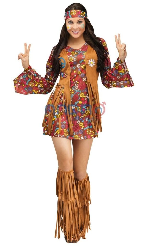 DISFRAZ AMERICANO MUJER HIPPIE CON CHALECO DE FLECOS
