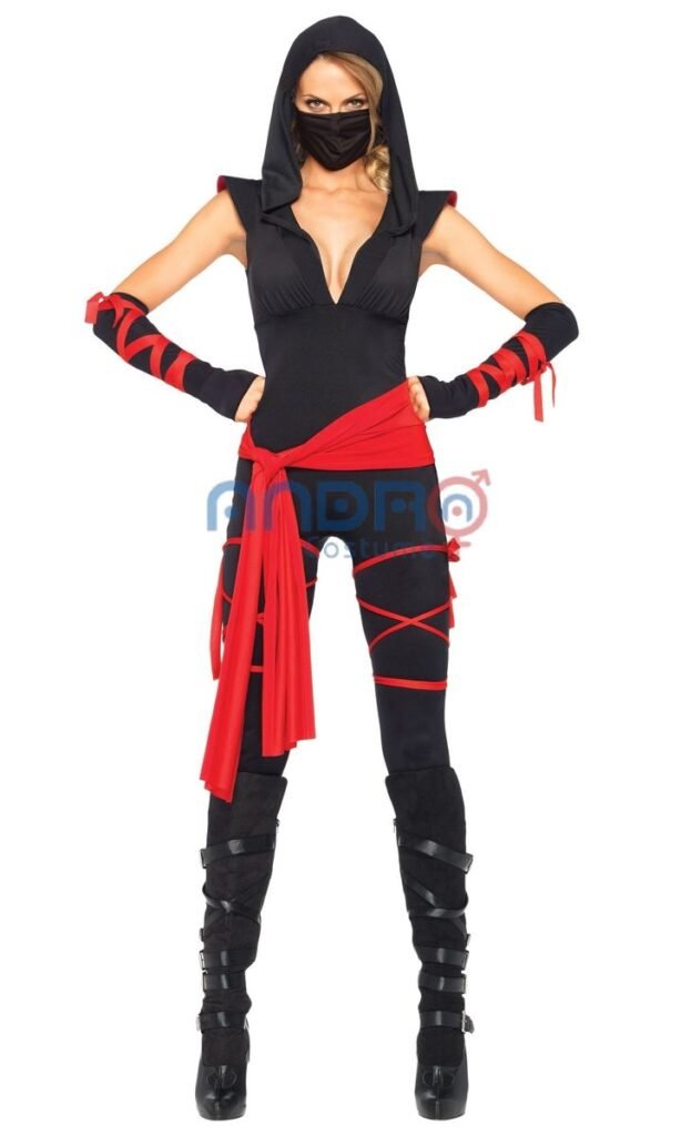 DISFRAZ AMERICANO MUJER NINJA ENTERIZO NEGRO CON ROJO