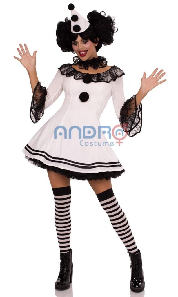 DISFRAZ AMERICANO MUJER PAYASO BLANCO CON NEGRO VESTIDO