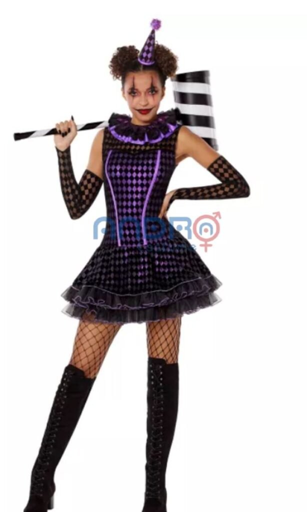 DISFRAZ AMERICANO MUJER PAYASO SEXY NEGRO CON MORADO