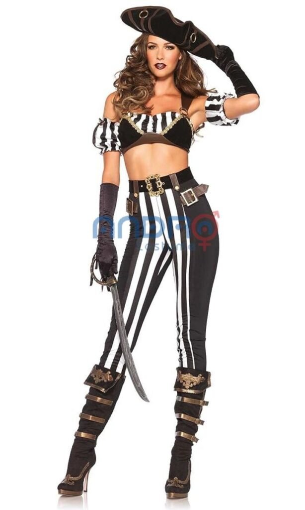 DISFRAZ AMERICANO MUJER PIRATA PANTALON Y TOP DOS PIEZAS BLANCO Y NEGRO