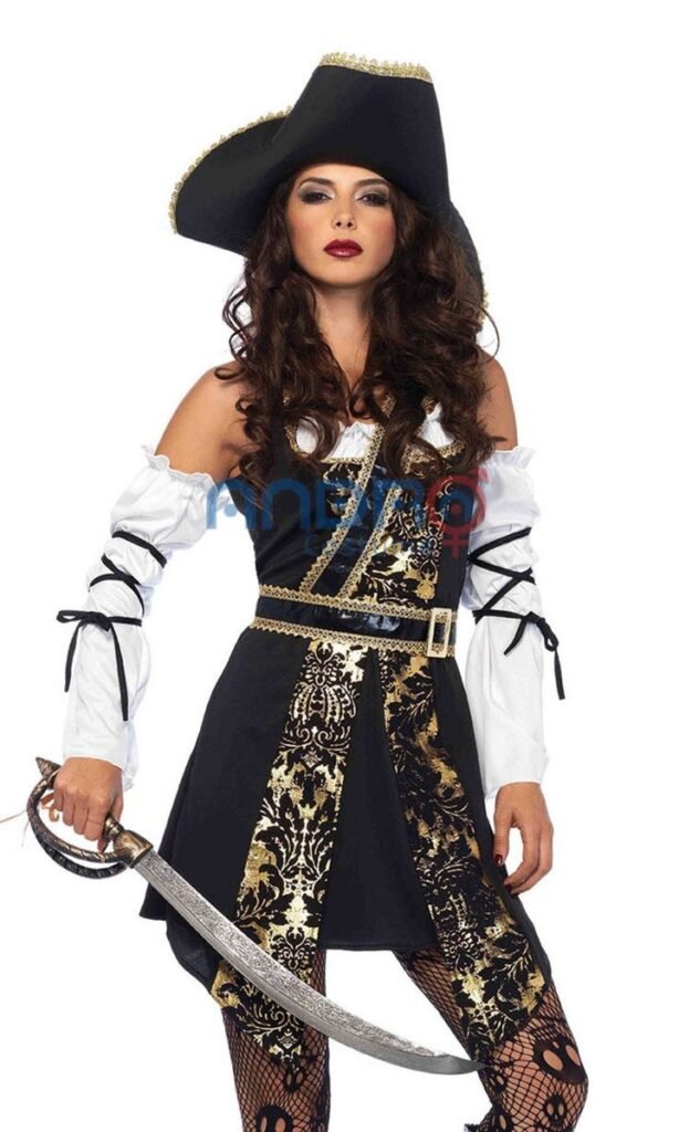 DISFRAZ AMERICANO MUJER PIRATA VESTIDO NEGRO CON DETALLES DORADOS