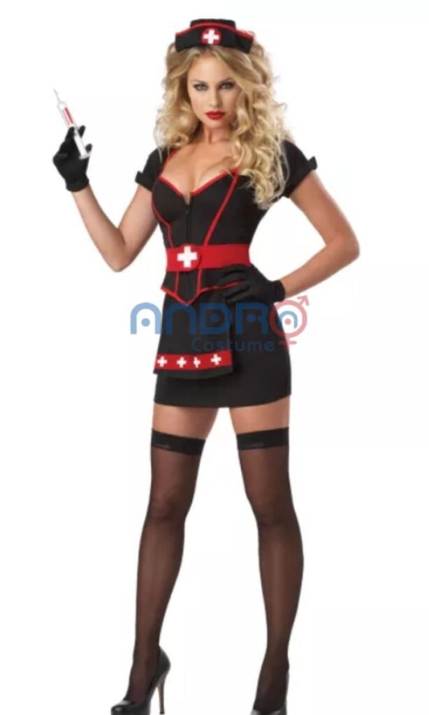DISFRAZ AMERICANO MUJER SEXY ENFERMERA NEGRO CON ROJO