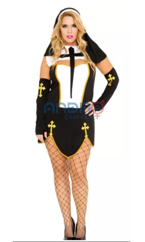 DISFRAZ AMERICANO MUJER SEXY MONJA, CON GUANTES COLORES NEGRO DETALLES EN BLANCO Y DORADO