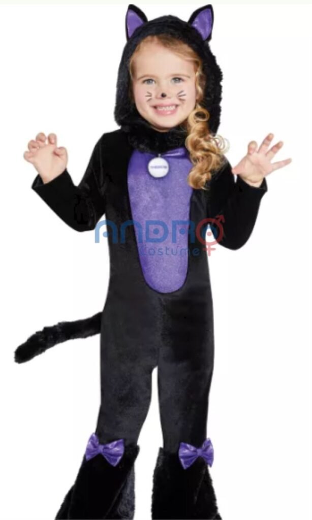 DISFRAZ AMERICANO NIÑA GATO NEGRO TRUZA EN TERCIOPELO, ANIMALITOS