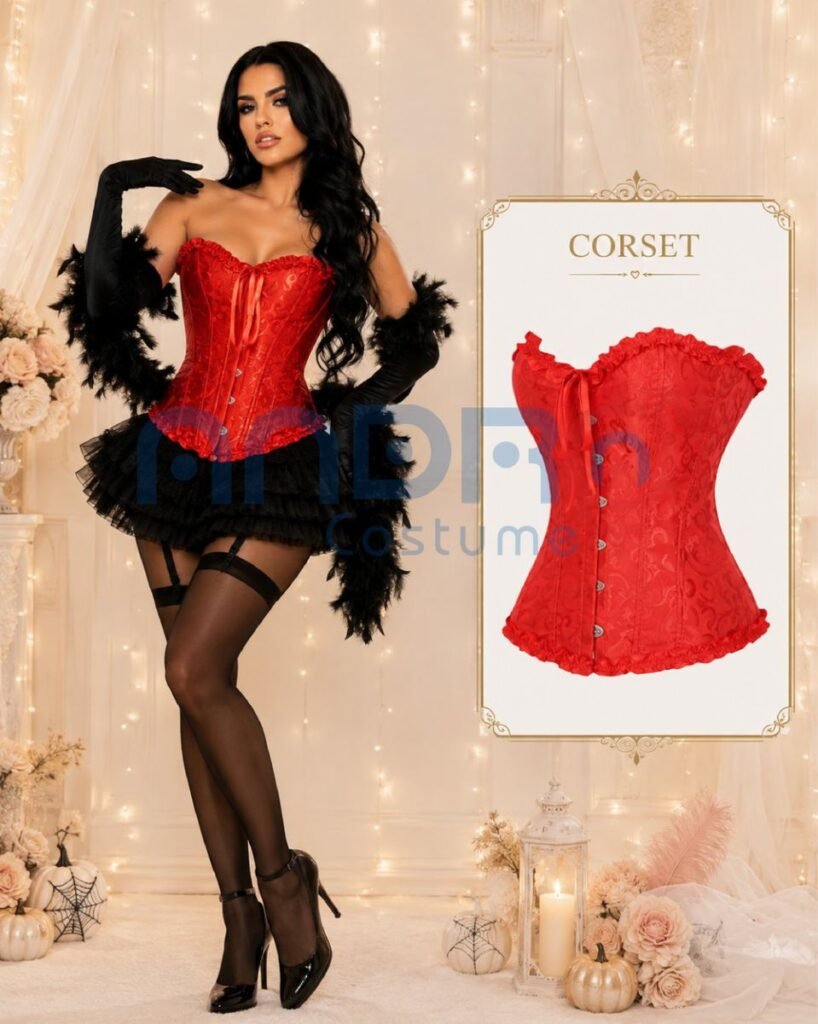 DISFRAZ CAN CAN MUJER, CORSET ROJO, TUTU NEGRO, BUFANDA DE PLUMAS NEGRAS, MEDIAS MALLA NEGRAS, MEDIAS MAYA NEGRA ENTERIZA