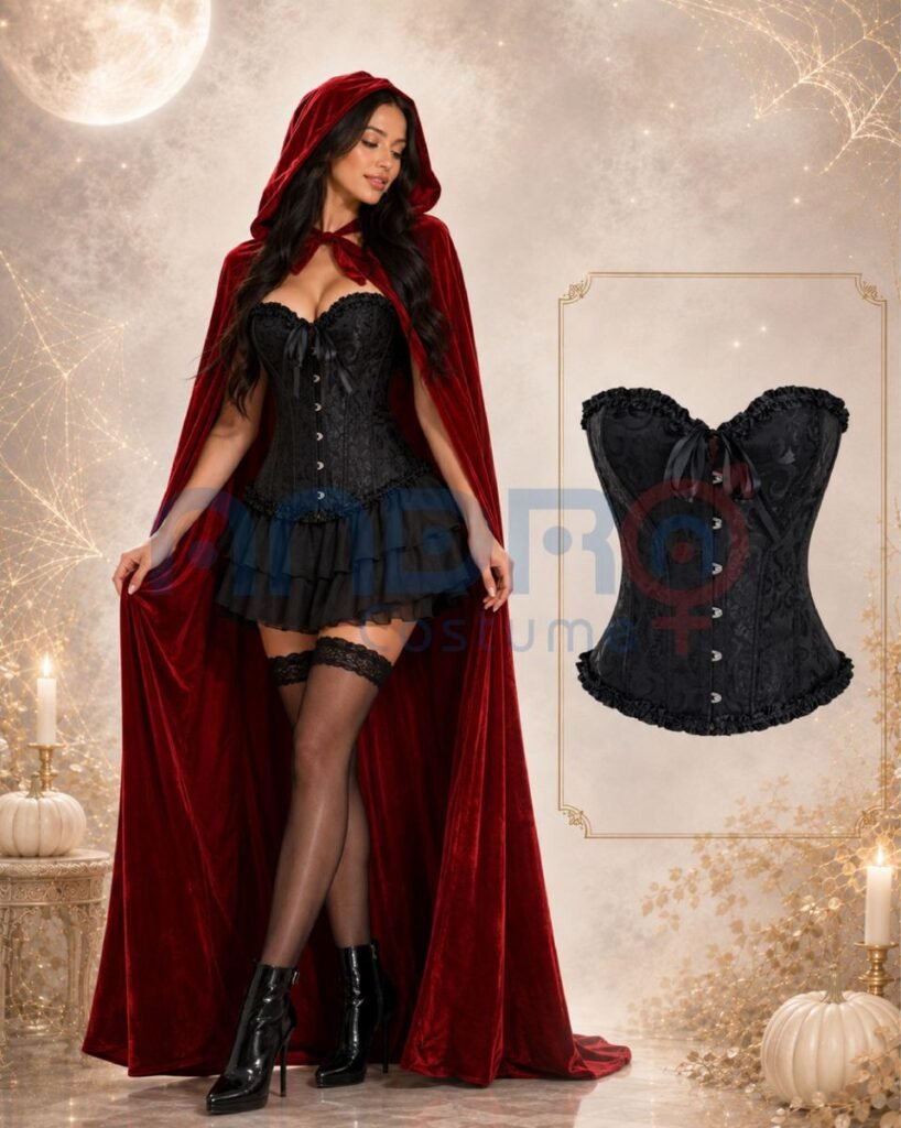 DISFRAZ CAPERUCITA ROJA MUJER, CAPA ROJA, CAPA LARGA, CAPA TERCIOPELO, CAPA CON CAPOTA, CAPA ADULTO, CORSET NEGRO, CORSET MUJER NEGRO, TUTU NEGRO, MEDIAS MAYA LIGUERO, MEDIAS MALLA LIGUERO NEGRAS