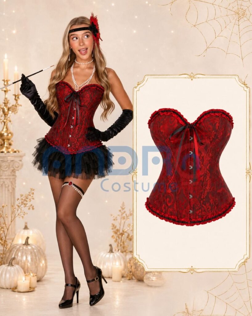 DISFRAZ CHARLESTON MUJER, CORSET ROJO, COLLAR DE PERLAS, ACCESORIO CABEZA CHARLESTON, CIGARRO LARGO, MEDIAS MALLA ENTERIZA, GUANTES NEGROS, TUTU NEGRO