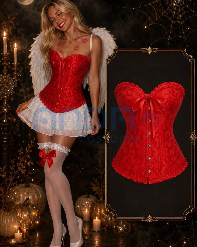 DISFRAZ CUPITO MUJER, CORSET ROJO. TUTU BLANCO, ALAS DE PLUMA CORTAS BLANCAS, MEDIAS LIGUERO CON MOÑO ROJO