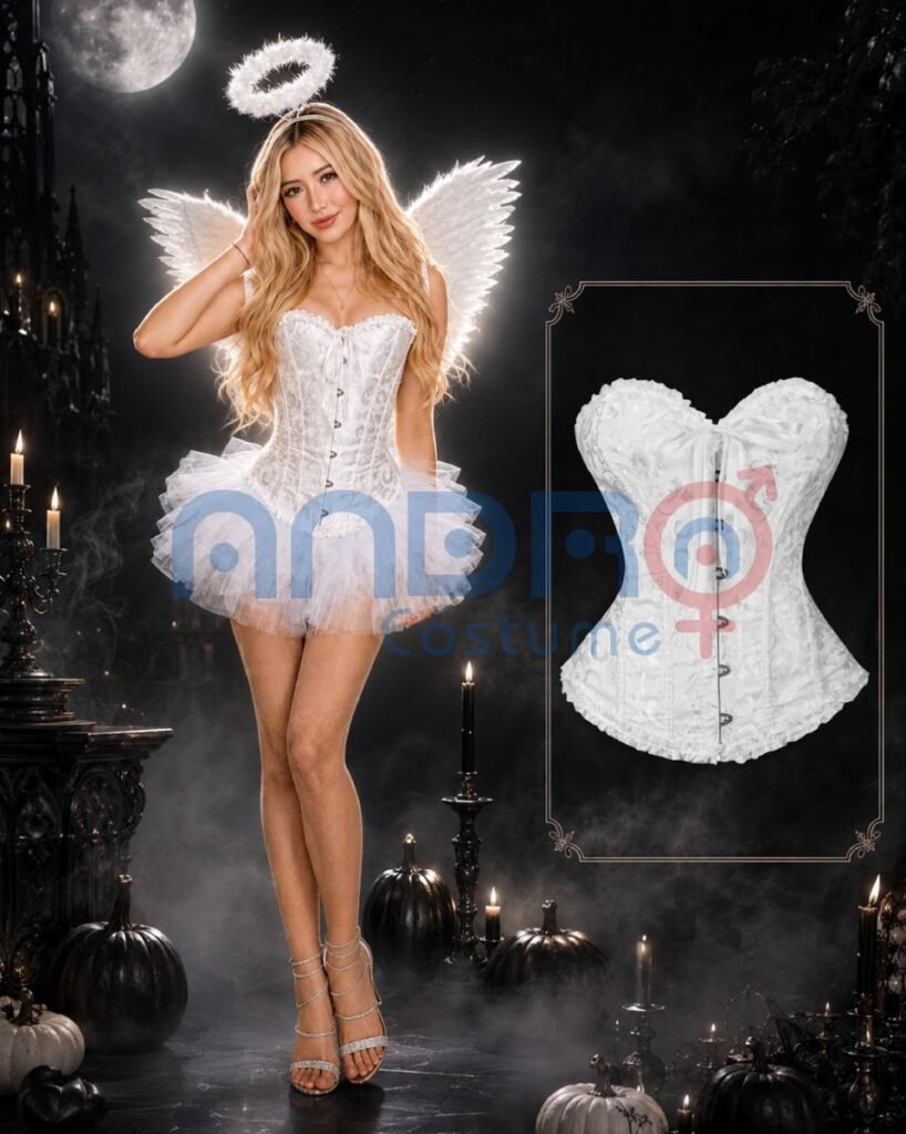 DISFRAZ DE ANGEL MUJER, CORSET BLANCO, TUTU BLANCO, ALAS DE PLUMAS, AUREOLA DE ANGEL.