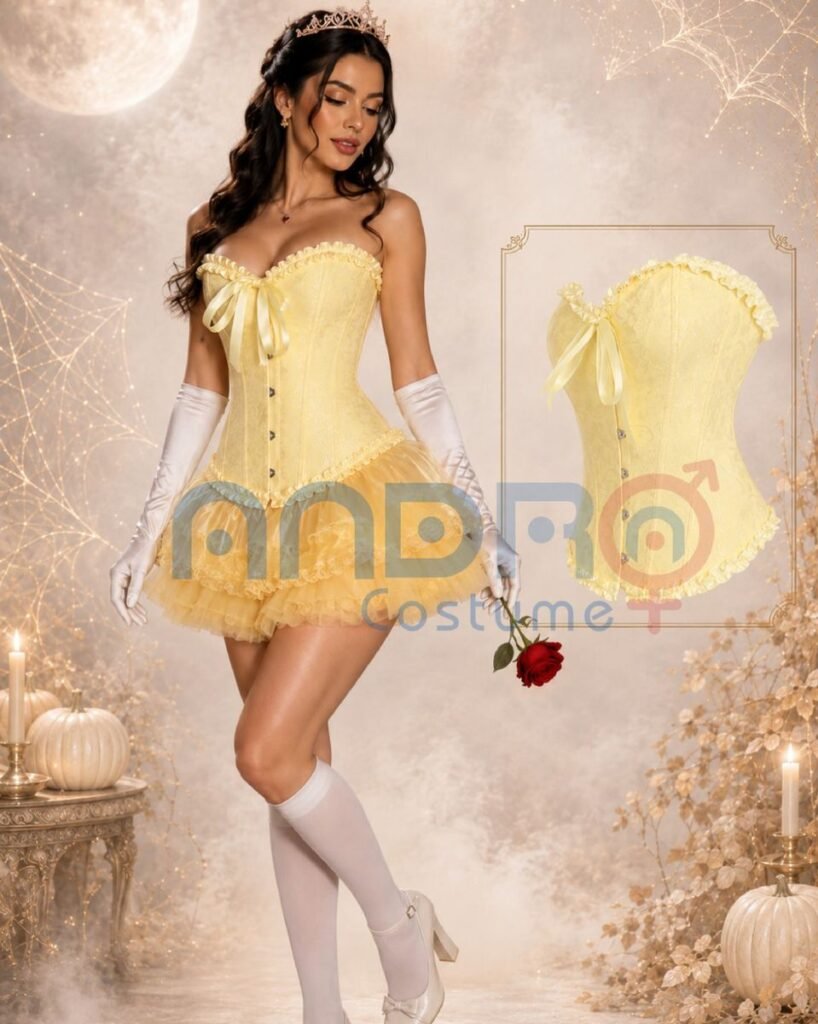 DISFRAZ DE BELLA MUJER, DISFRAZ LA BELLA LA BESTIA, DISFRAZ DE PRINCESA AMARILLO, CORSET AMARILLO, TUTU AMARILLO, GUANTES BLANCOS, MEDIAS BLANCAS, MEDIAS LIGUERO, CORONA, TIARA,