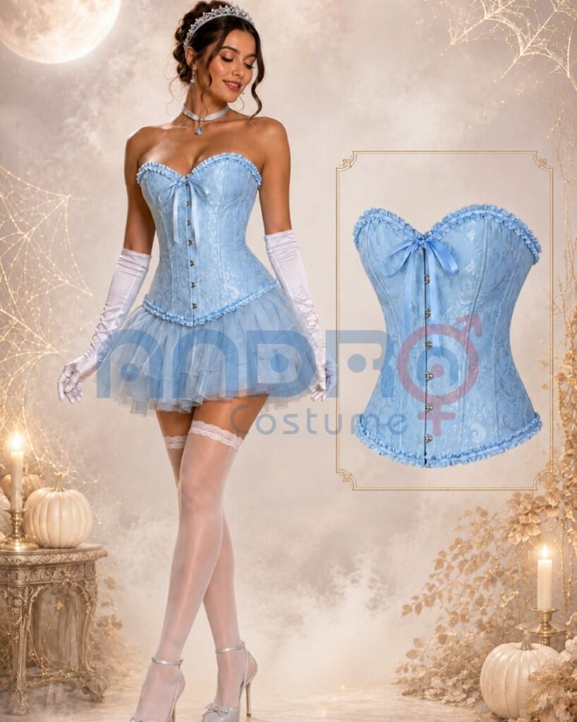 DISFRAZ DE CENICIENTA MUJER, PRINCESA CENICIENTA, CORSET AZUL CLARO, TUTU AZUL CLARO, TIARA. CORONA, GUANTES BLANCOS