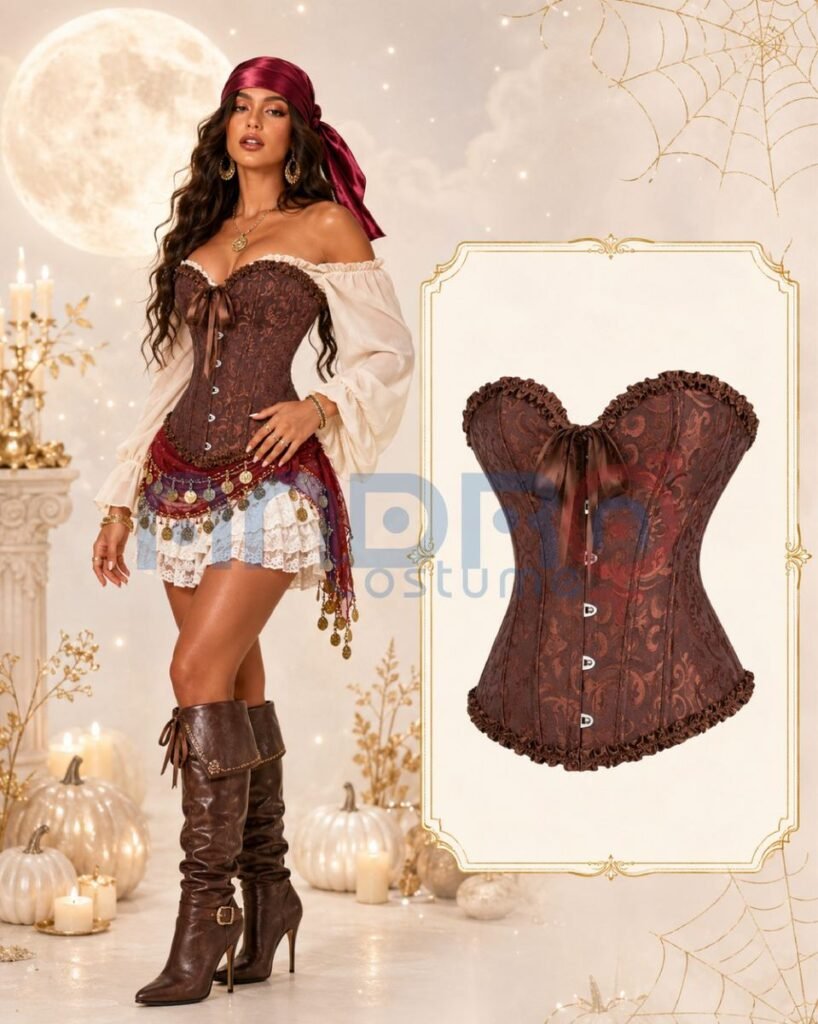 DISFRAZ DE PIRATA MUJER, CORSET CAFE, VESTIDO BLANCO PIRATA, CADERIN CON MONEDAS, PAÑOLETA CON MONEDAS, PAÑOLETA CABEZA