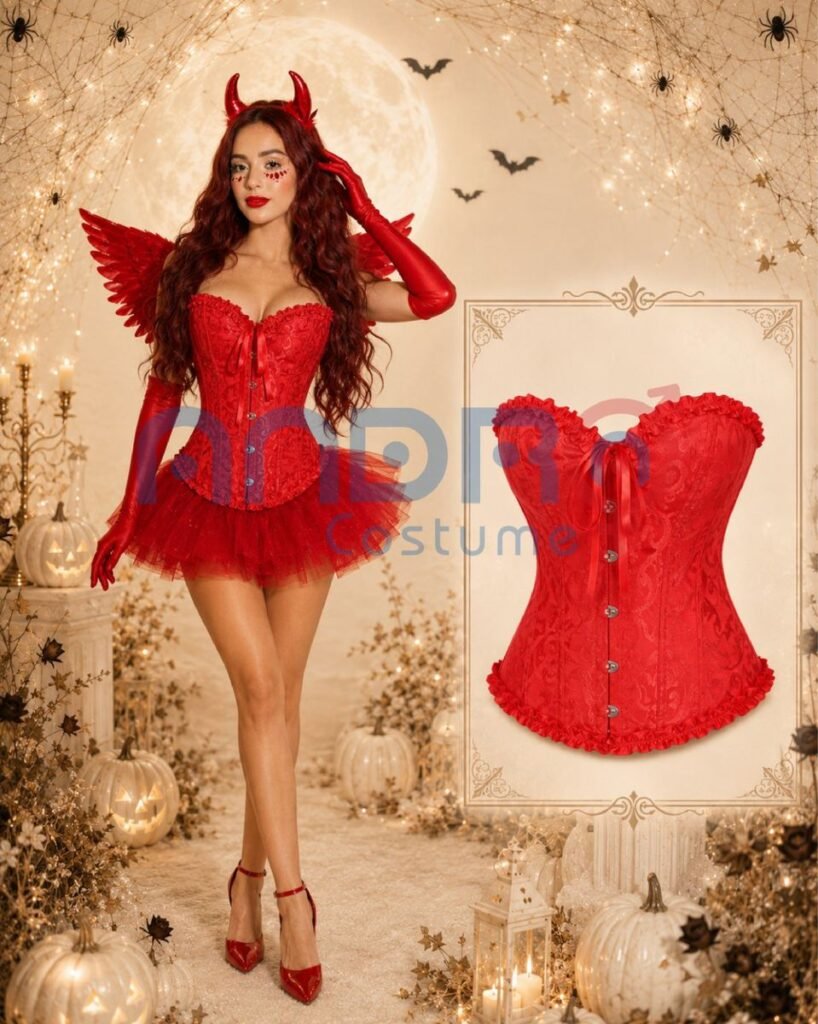 DISFRAZ DIABLO MUJER, CORSET ROJO, TUTU ROJO, CACHITOS DE DIABLO, COLA DE DIABLO, ALAS ROJAS