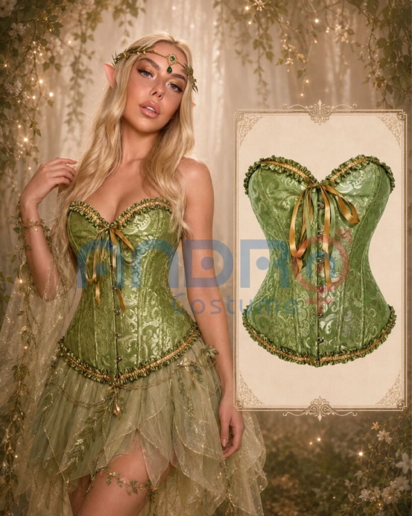 DISFRAZ ELF MUJER, CORSET VERDE OLIVA, CORSET VERDE CLARO, OREJAS DE ELFO, OREJAS DE HADA