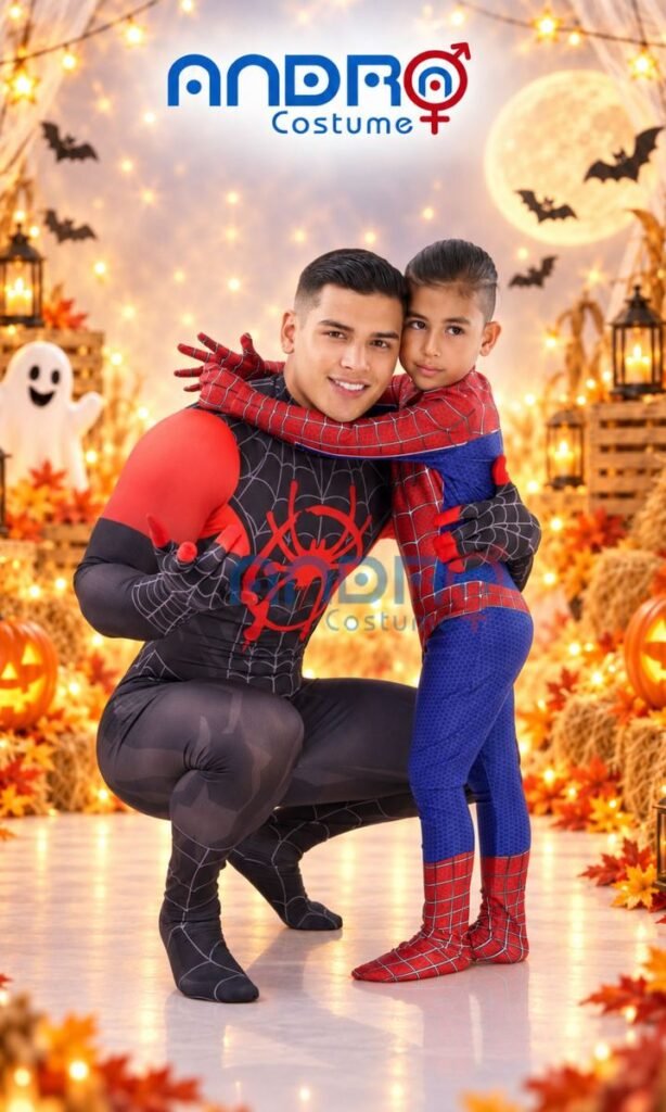 DISFRAZ FAMILIAR SPIDERMAN HOMBRE Y NIÑO INCLUYE MASCARA Y TRAJE