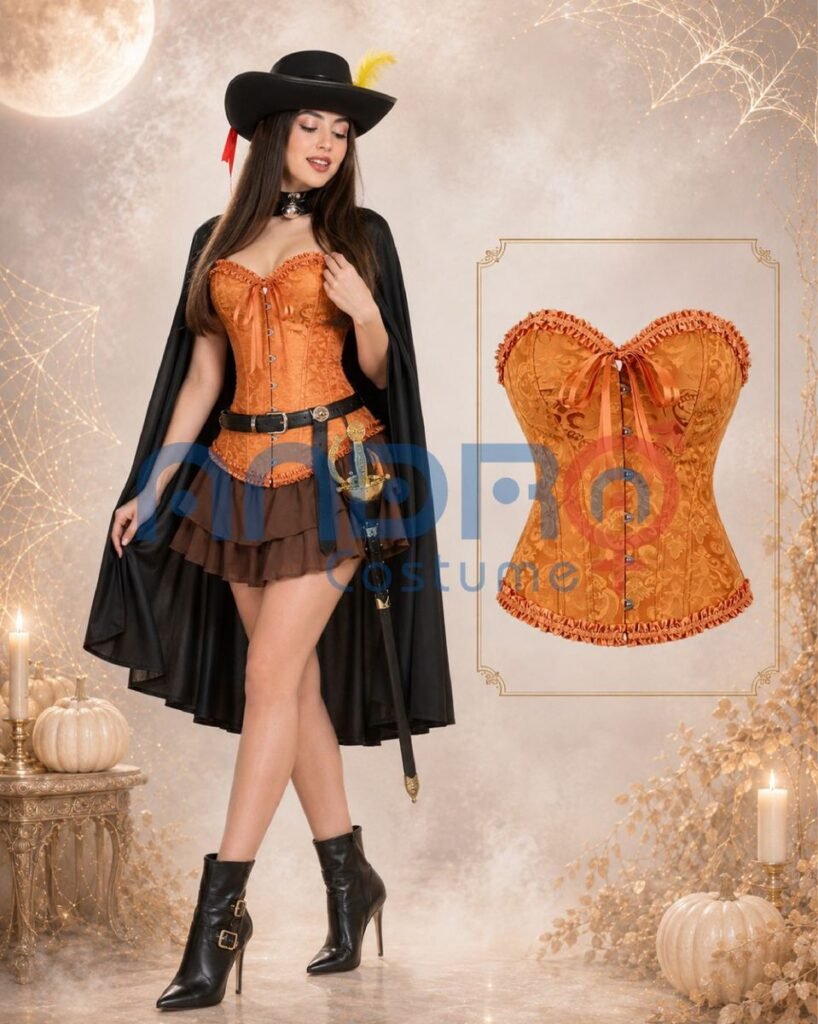 DISFRAZ GATO CON BOTAS MUJER, CORSET NARANJA, CORSET MOSTAZA, CAPA CAFE, CAPA EN TERCIOPELO, CAPA PARA ADULTO, SOMBRERO DE MOSQUETERO, SOMBRERO TIPO PIRATA, TUTU CAFE, ESPADA, ESPADA LARGA