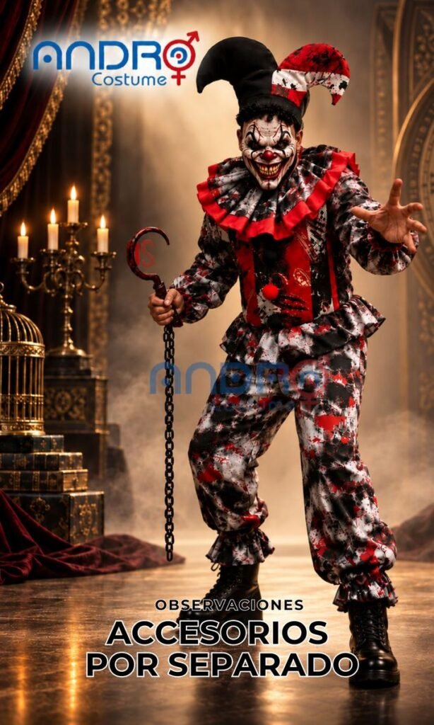 DISFRAZ HOMBRE BUFON ASESINO, PAYASO TERROR( INCLUYE TRUSA Y CUELLO)