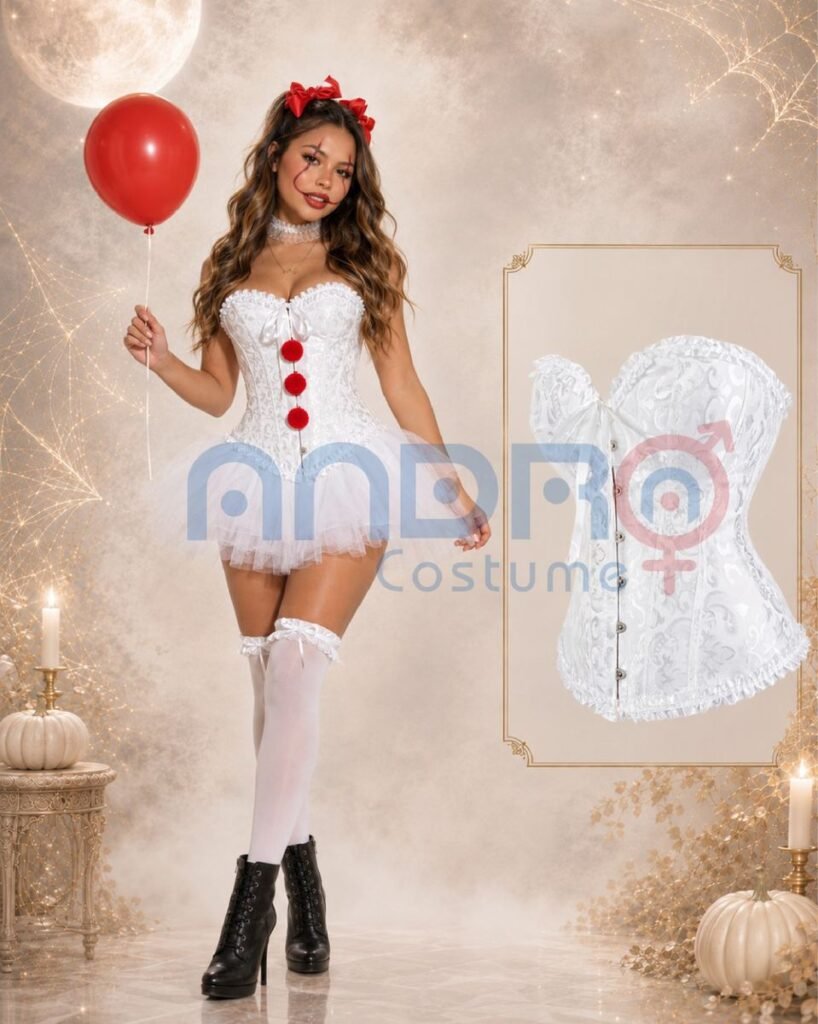 DISFRAZ IT MUJER, DISFRAZ LA COSA MUJER, CORSET BLANCO, PONPONES ROJOS, TUTU BLANCO , MEDIAS BLANCAS LIGUERO