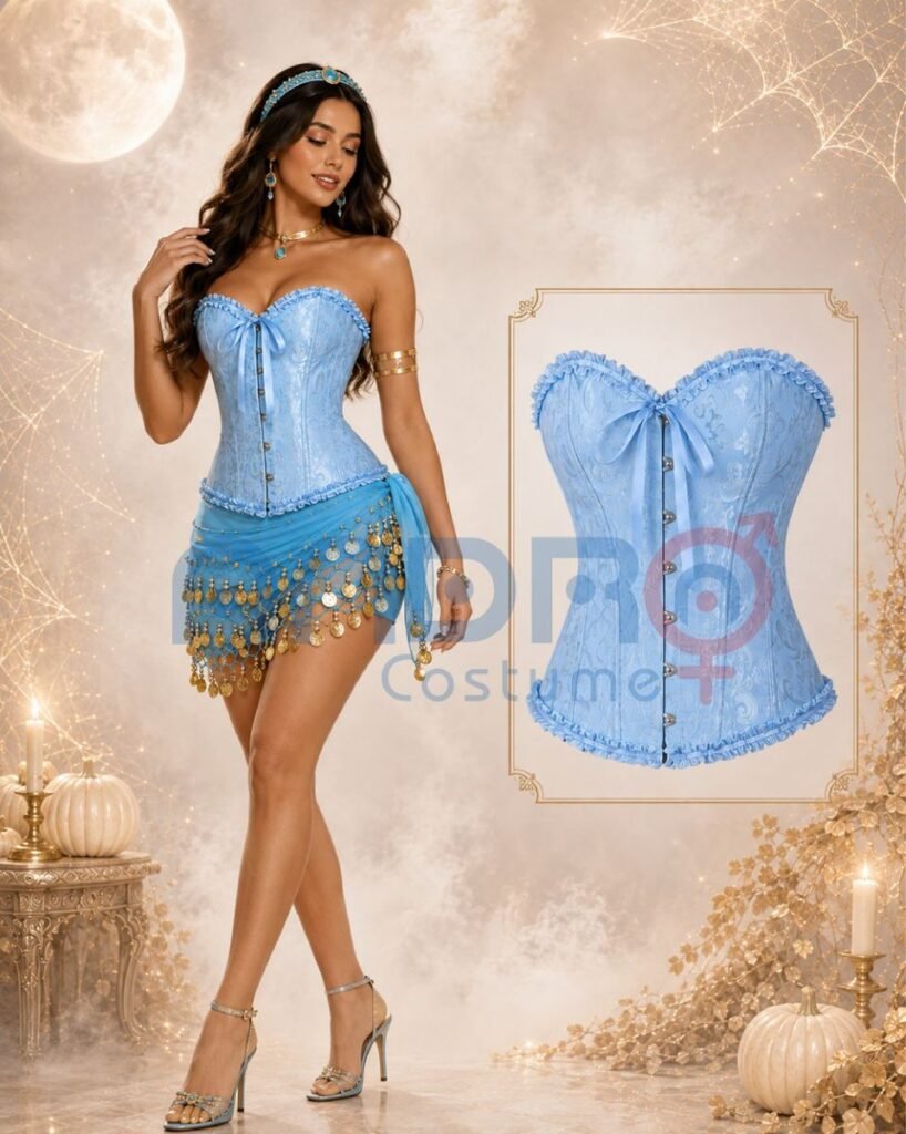 DISFRAZ JAZMIN MUJER, CORSET AZUL CLARO, CORSET CELESTE, CADERIN DE MONEDAS, PAÑOLETA DE MONEDAS, TIARA CABEZA