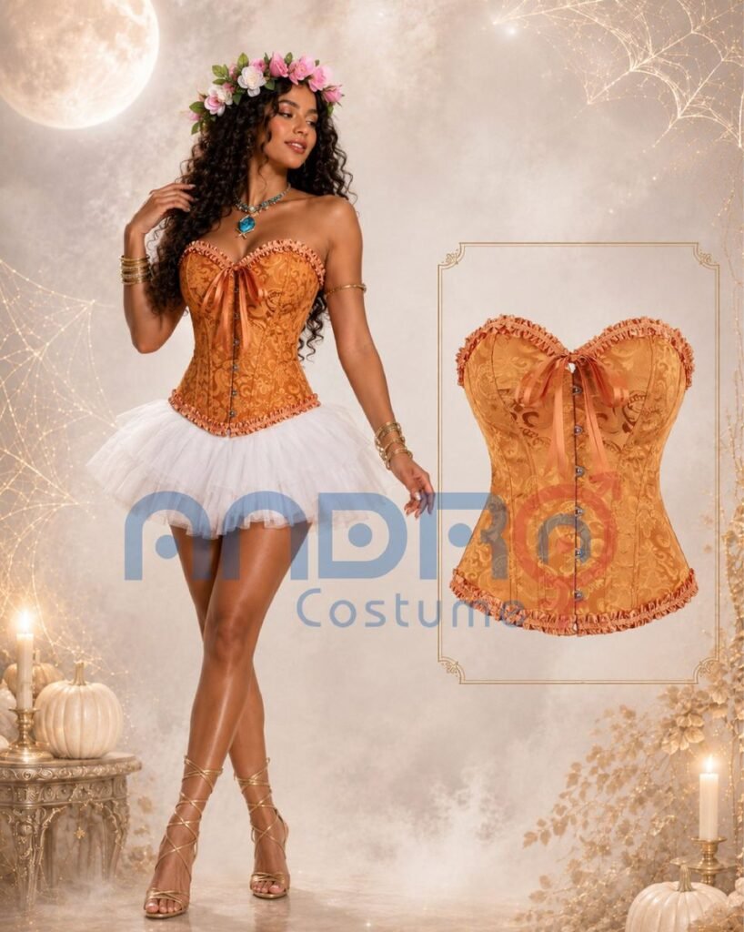 DISFRAZ MOANA MUJER, CORSET MOSTAZA, CORSET AMARILLO OSCURO, CORSET NARANJA, TUTU BLANCO, CORONA DE FLORES