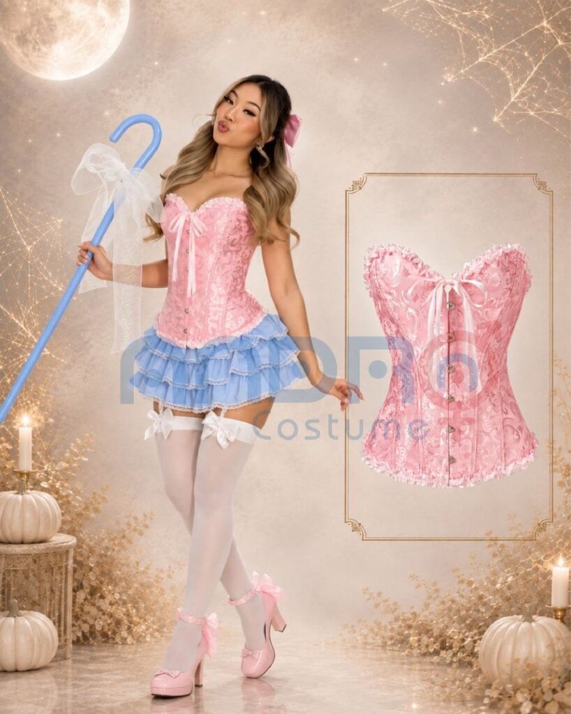 DISFRAZ PASTORCITA MUJER, COSET ROSADO, TUTU AZUL CLARO, MEDIAS BLANCAS,