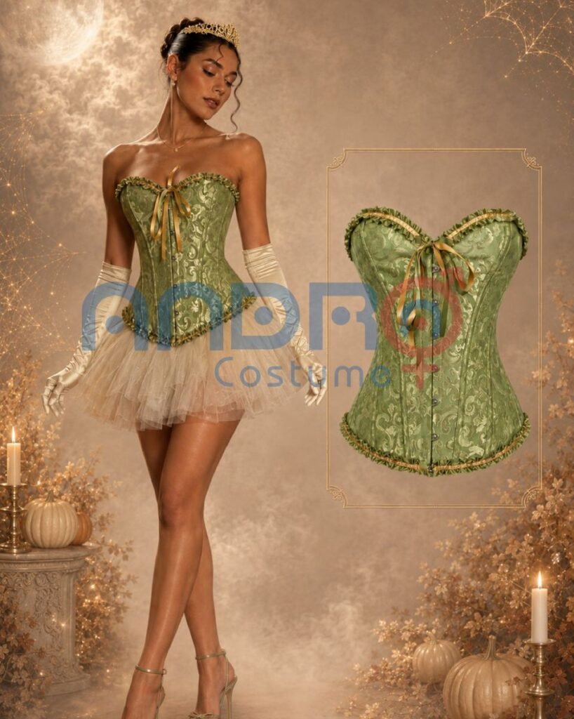 DISFRAZ PRINCESA TIANA MUJER, CORSET COLOR VERDE, CORSET VERDE OLIVO, TUTU BLANCO, GUANTES LARGOS BLNCOS, TIARA DE PRINCESA, TIARA DE REINA, CORONA, DISFRAZ LA PRINCESA Y EL SAPO