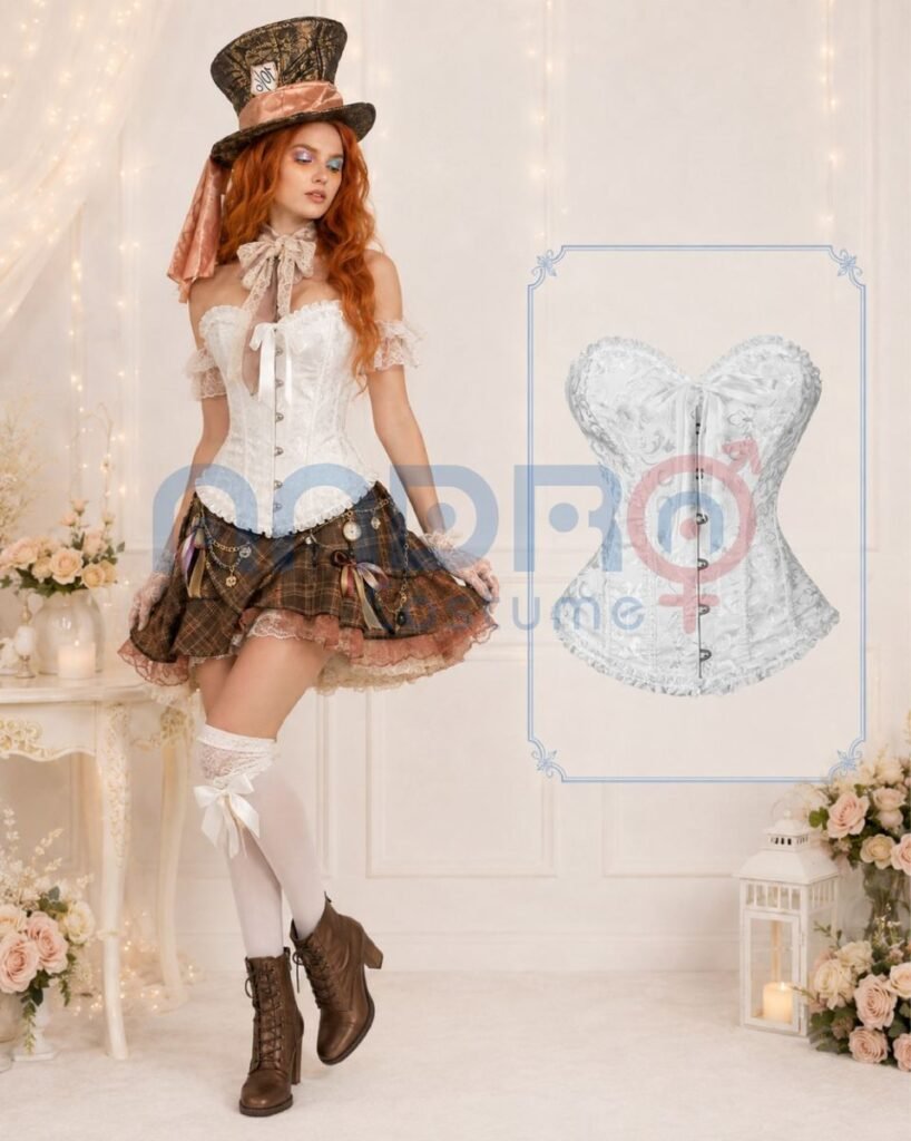 DISFRAZ SOMBRERO ALICIA MUJER, CORSET BLANCO, SOMBRERO CON PELUCA DEL SOMBRERO LOCO, MEDIAS BLANCAS