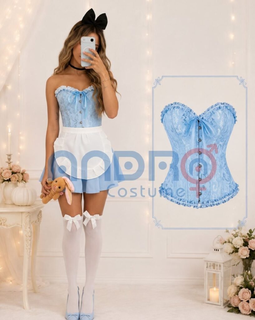 DISRAZ ALICIA ADULTO, CORSET AZUL CLARO, TUTU BLANCO, DELANTAL, MOÑO BALACA NEGRO, MEDIAS BLANCAS LIGUERO. MEDIAS CON MOÑO BLANCO