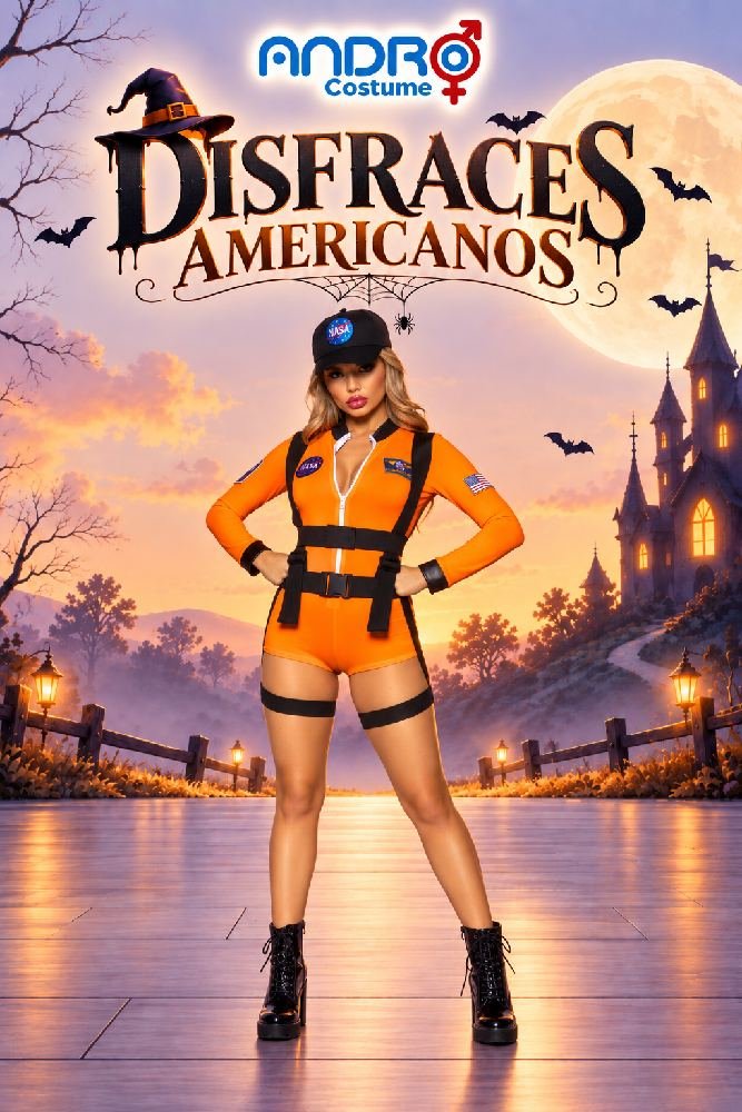 DISFRAZ MUJER ASTRONAUTA TRAJE NARANJA SHORT- DISFRAZ AMERCANO