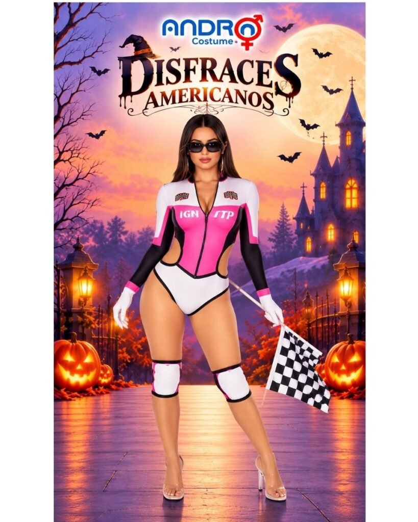 DISFRAZ MUJER F1 FORMULA 1 MANGAS LARGAS COLOR BLANCO CON ROSADO- DISFRAZ AMERICANO