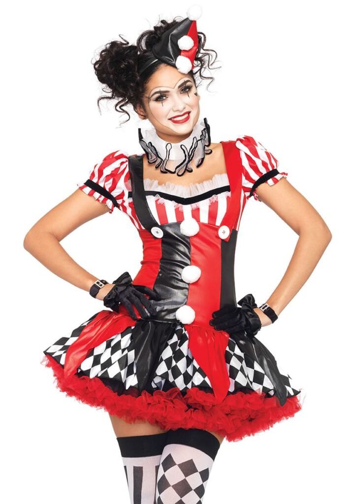 DISFRAZ MUJER PAYASA ROJO NEGRO.- DISFRAZ AMERICANO