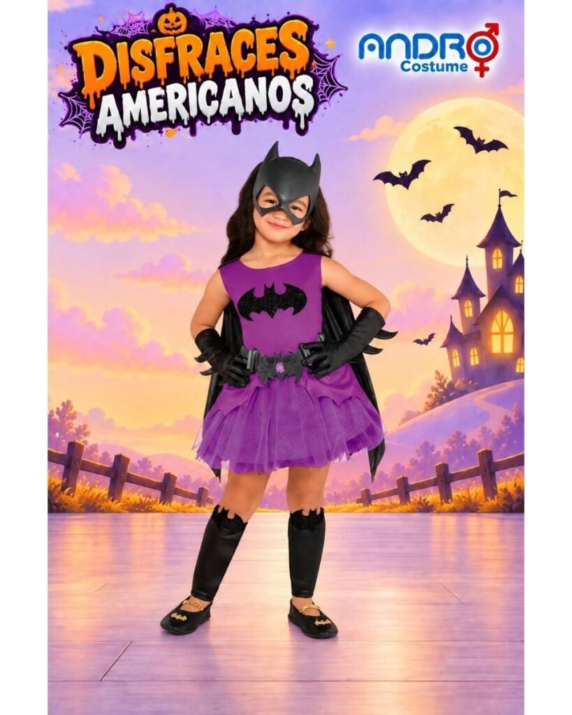 DISFRAZ NIÑA BATICHICA- BATMAN DE NIÑA VESTIDO MORADO- DISFRAZ AMERICANO