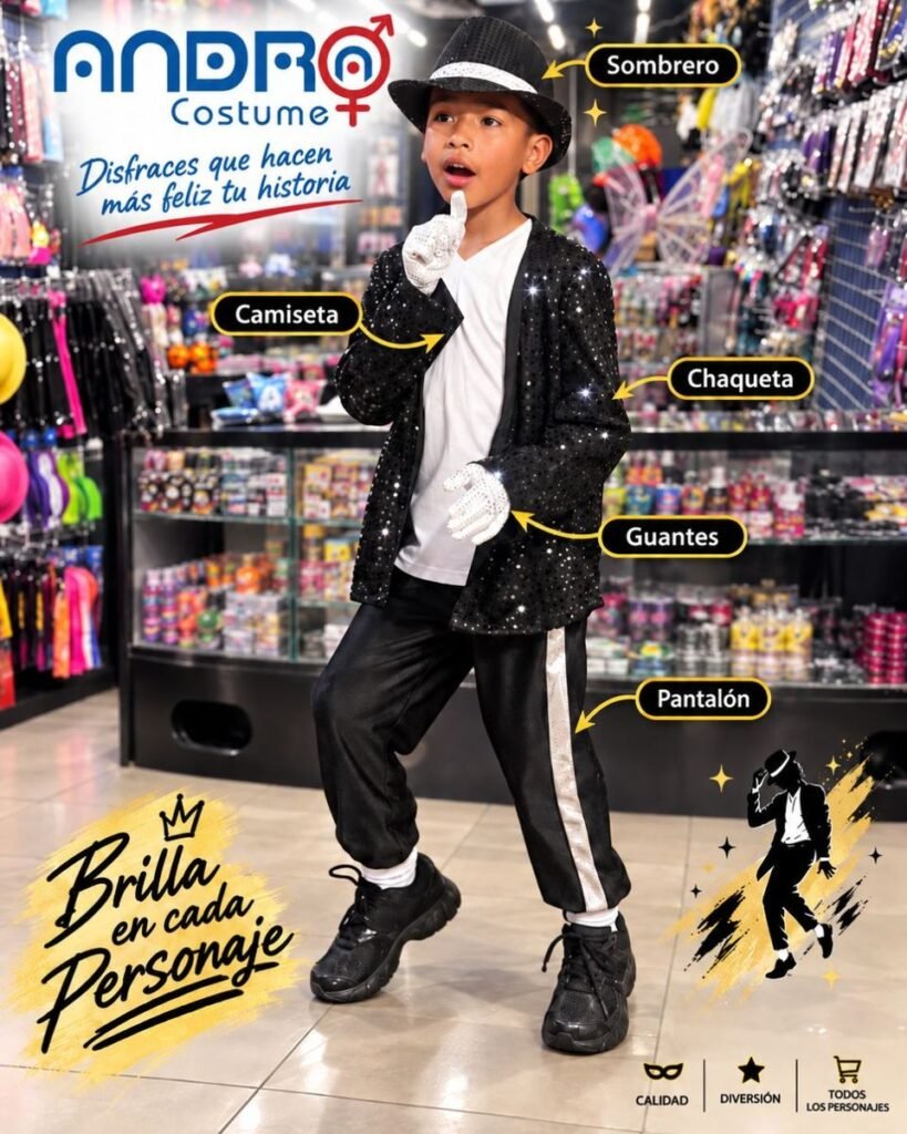DISFRAZ NIÑO MICHAEL JACKSON NEGRO INCLUYE SOMBRERO, CHAQUETA, CAMISETA, PANTALON Y GUANTES